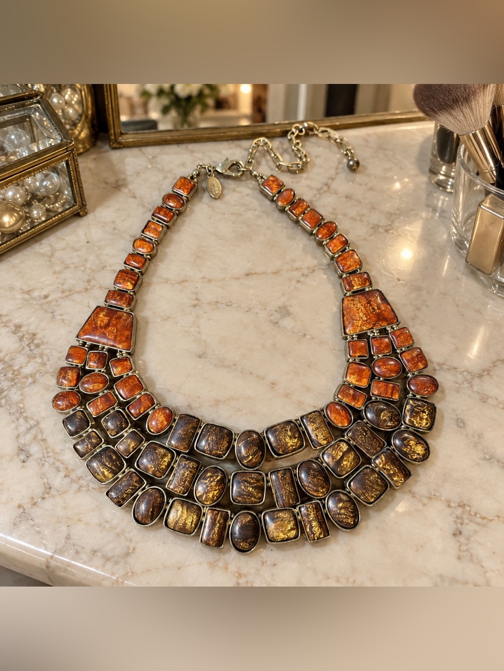 Vintage Chico's Multi-Tier Amber & Tortoise Resin Stone Bib Necklace